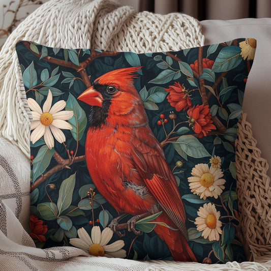 Botanical Red Cardinal Decorative Polyester Square Pillow William Morris Inspired Cottage-core Pillow