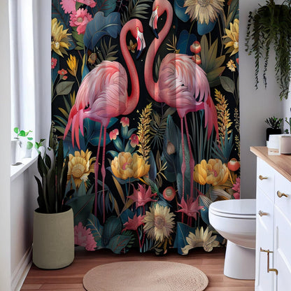 William Morris Inspired Botanical Pattern With Pink Flamingos Polyester Shower Curtain