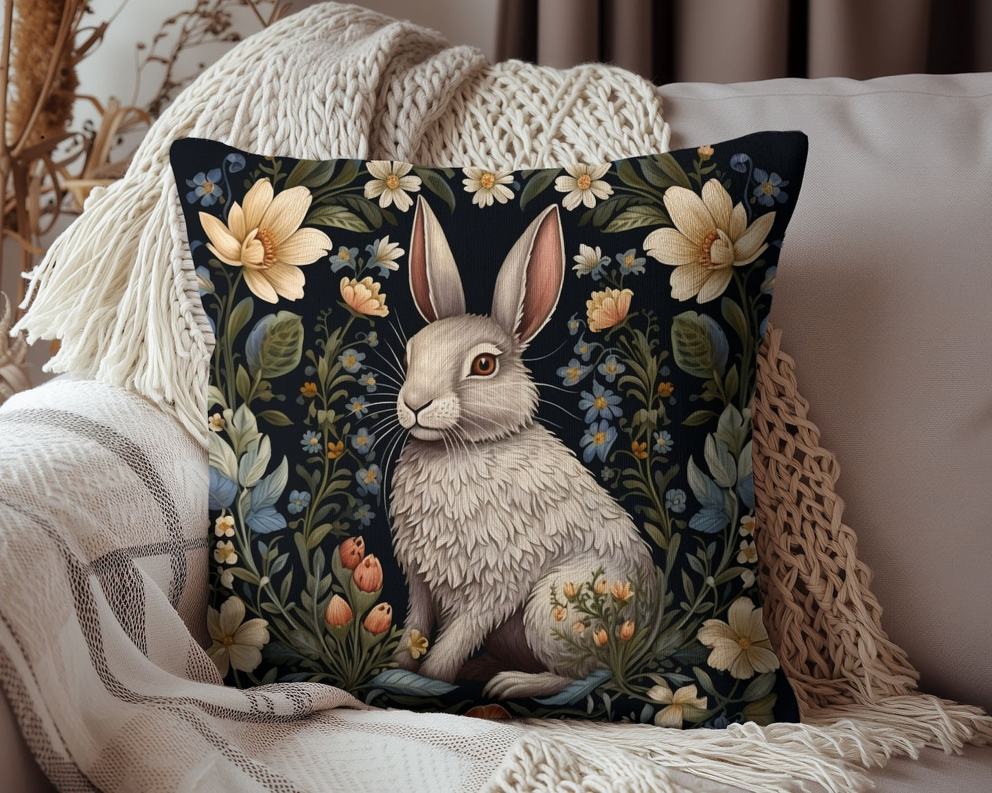 Botanical Bunny William Morris Inspired Pillow, Decorative Rabbit Cushion, Spun Polyester Square Pillow