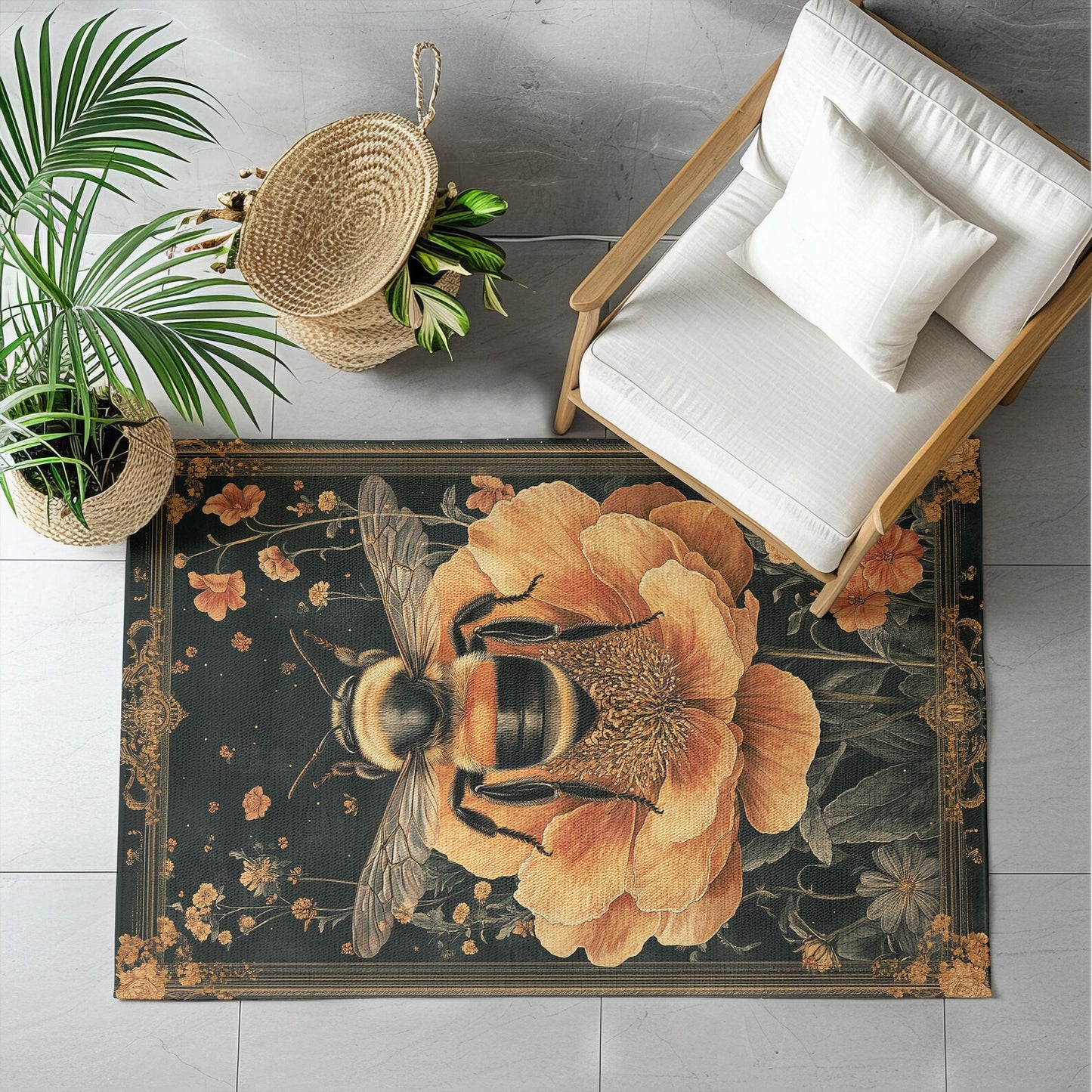 Vintage Botanical Bumblebee Rectangle Area Rug, Cottagecore Living Room Carpet, Floral Room Art Deco Rug, Housewarming Gift, Moms Gift