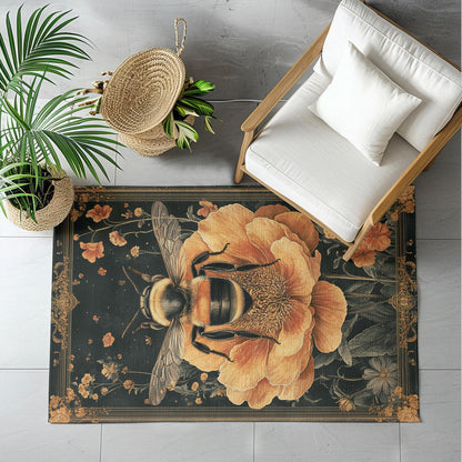 Vintage Botanical Bumblebee Rectangle Area Rug, Cottagecore Living Room Carpet, Floral Room Art Deco Rug, Housewarming Gift, Moms Gift