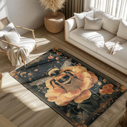 Vintage Botanical Bumblebee Rectangle Area Rug, Cottagecore Living Room Carpet, Floral Room Art Deco Rug, Housewarming Gift, Moms Gift