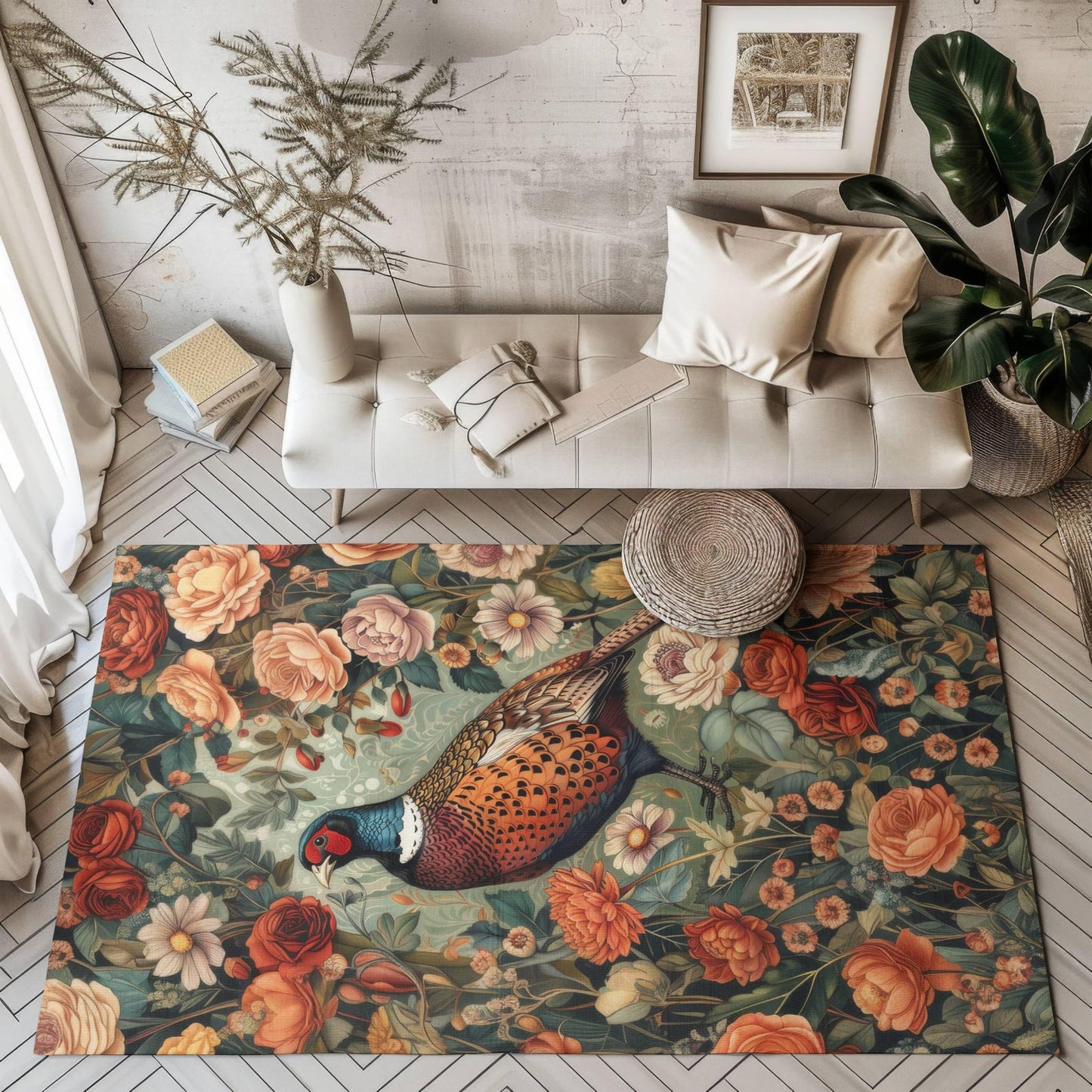 Pheasant Floral Garden, Art Deco Style Home Decor, Pheasant Rectangle Area Rug, Pheasant Living Room Fall Season Carpet Decor