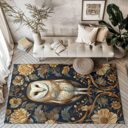 Forest Barn Owl William Morris Inspired Home Decor, Owl Rectangle Area Rug, Owl Living Room Fall Season Carpet Decor