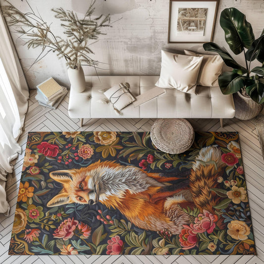 Botanical Fox Rectangle Area Rug, Cottagecore Living Room Carpet, Floral Room Art Deco Rug, Housewarming Gift, Moms Gift