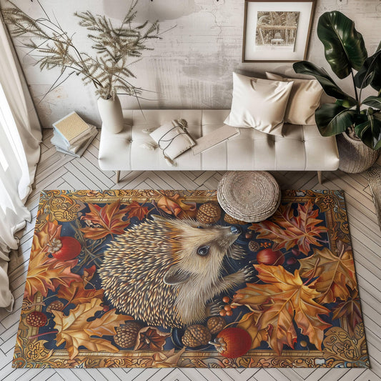 Hedgehog Acorns Autumn Leaves, Art Deco Style Home Decor, Hedgehog Rectangle Area Rug, Hedgehog Living Room Fall Season Carpet Decor