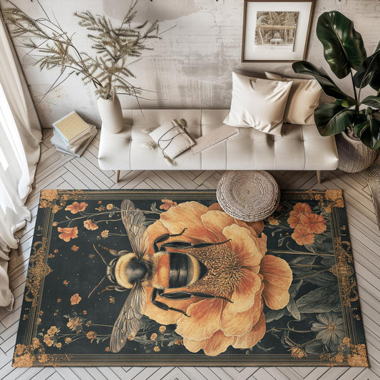 Vintage Botanical Bumblebee Rectangle Area Rug, Cottagecore Living Room Carpet, Floral Room Art Deco Rug, Housewarming Gift, Moms Gift