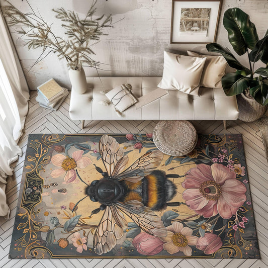 Vintage Bumblebee Rectangle Area Rug, Cottagecore Living Room Carpet, Floral Room Art Deco Rug, Housewarming Gift, Moms Gift