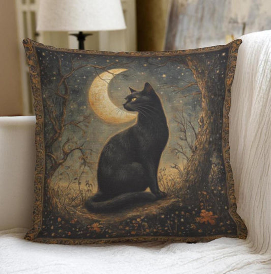 Black Cat Mystery Night Halloween Pillow | Decorative Pillow Morris Inspired | Cottage-core Pillow