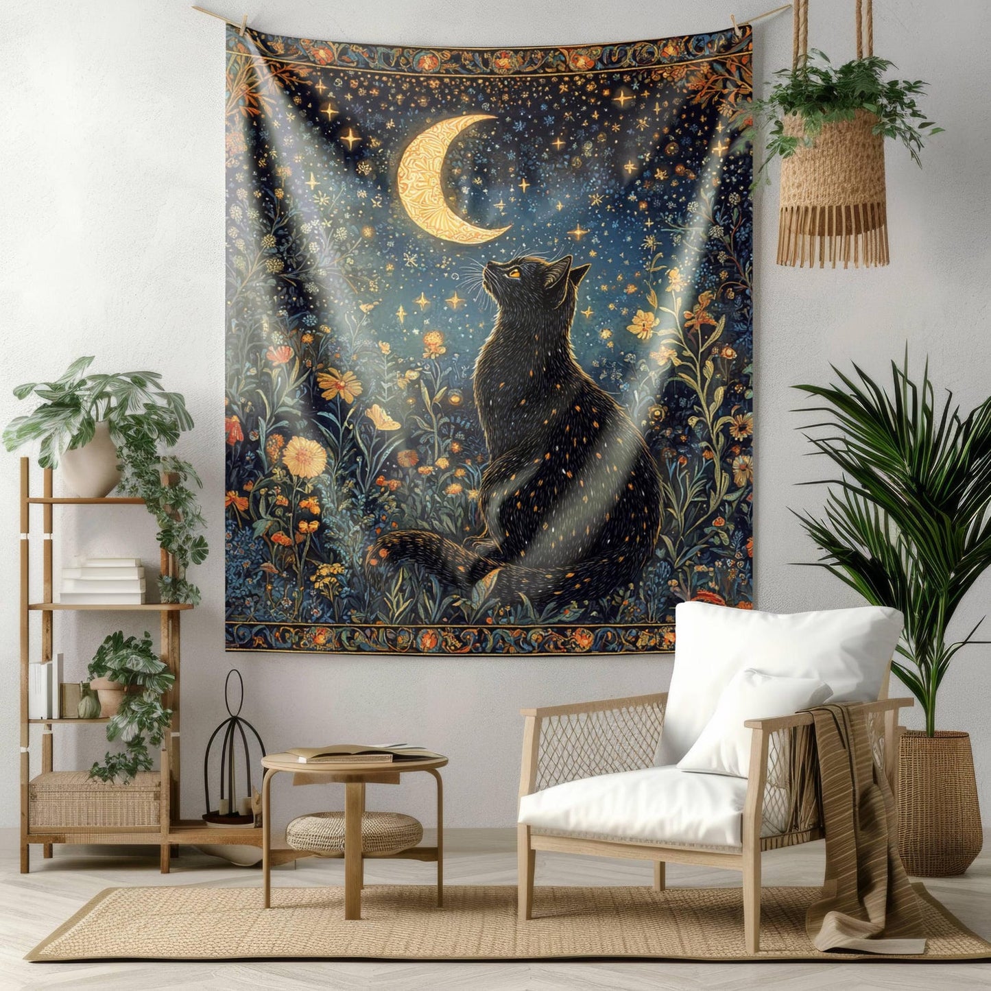 Black Cat Whimsical Night, William Morris Art Deco Hanging Halloween Home Decor | Black Cat Art Wall Tapestry