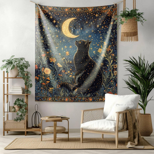 Black Cat Whimsical Night, William Morris Art Deco Hanging Halloween Home Decor | Black Cat Art Wall Tapestry