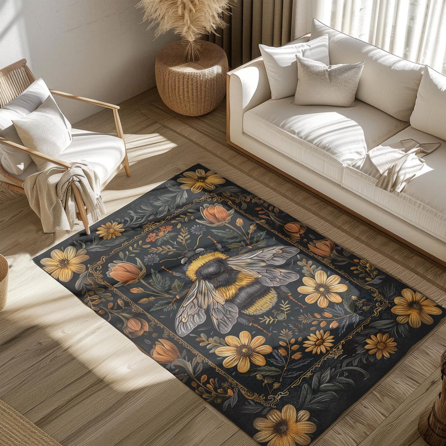 Bumblebee Floral Garden, Art Deco Style Home Decor, Bumblebee Rectangle Area Rug Living Room Fall Season Carpet Decor