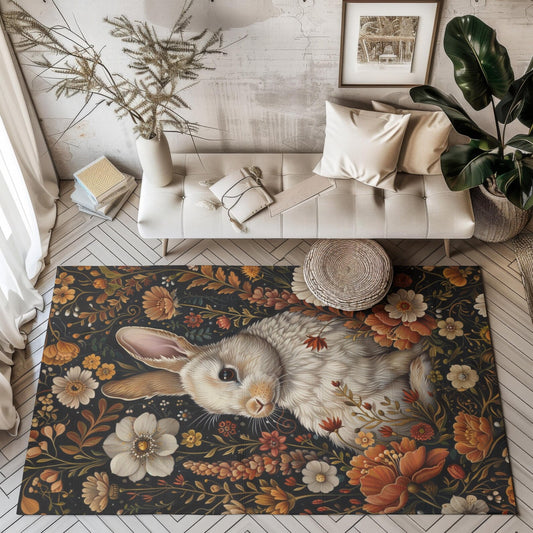 William Morris Inspired Botanical Rabbit Rectangle Area Rug, William Morris rabbit Home Decor, Bunny Rabbit Living Room Rug Decor