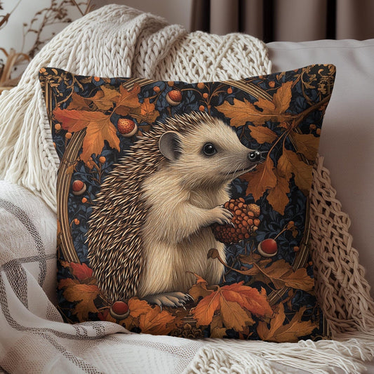 Hedgehog Fallen Leaves and Acorns Decorative Pillow William Morris Inspired | Cottage-core Pillow