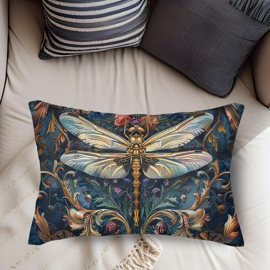 Dragonfly Indigo Ornate William Morris Inspired | Cottage-core Lumbar Pillow | INSERT INCLUDED