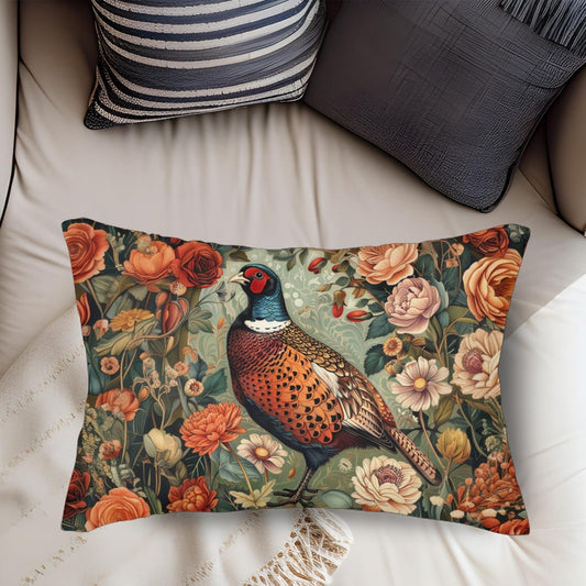 Botanical Pheasant William Morris Inspired Cottage-core Lumbar Pillow