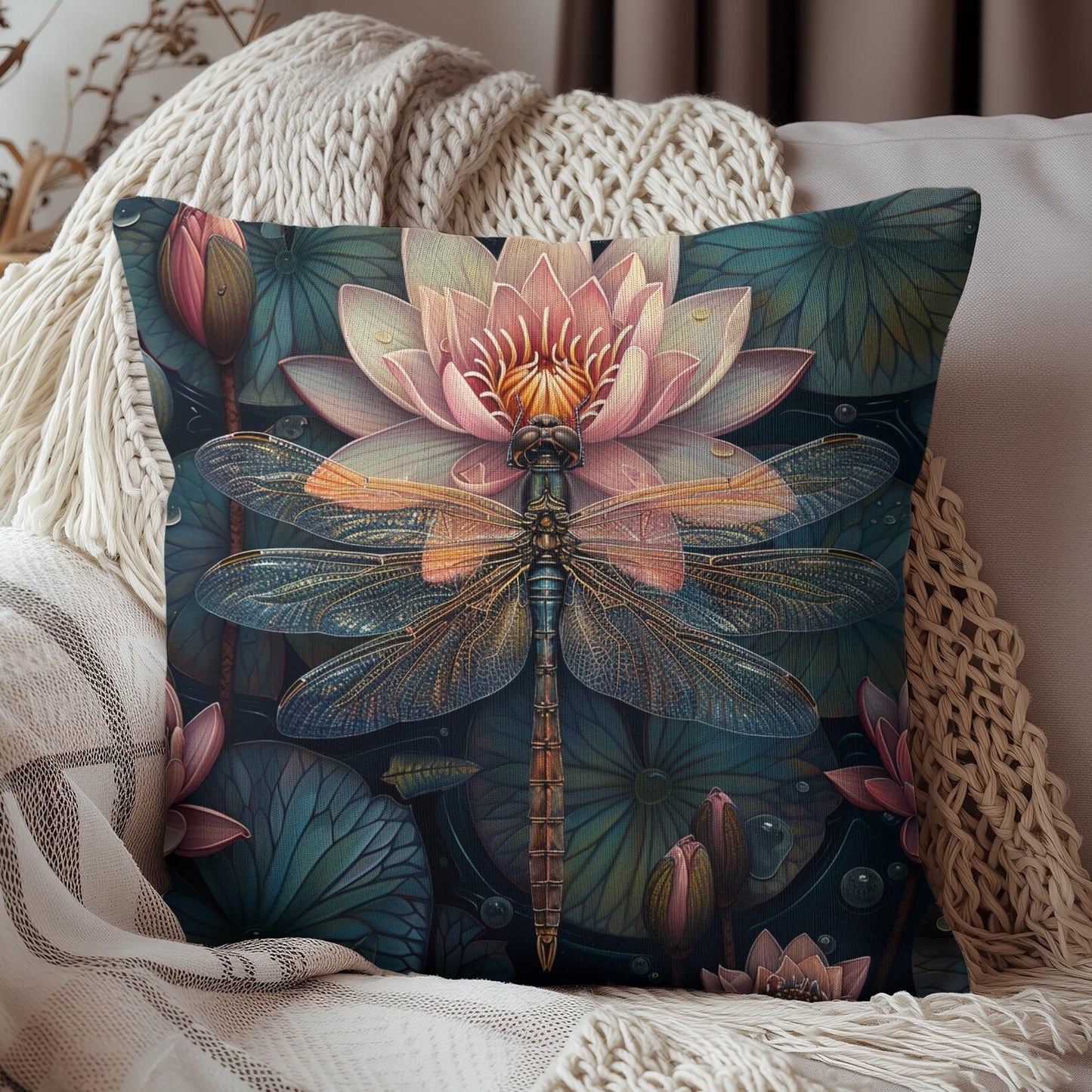 Art Deco Dragonfly Throw Pillow: William Morris Water Lily Design