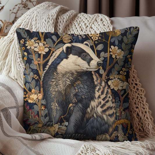 Woodland Elegance Badger Polyester Square Pillow | William Morris Inspired Badger Decorative Pillow