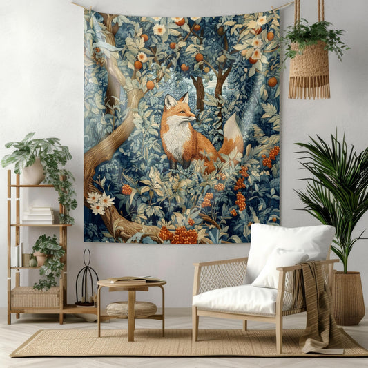 Tapestry of Woodland Fox William Morris Medieval Style Wall Art | Cottagecore Hanging and Home Decor