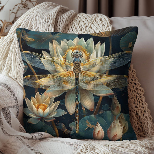 Art Deco Dragonfly White Water Lily Throw Pillow | Decorative Pillow William Morris Inspired | Cottage-core Pillow