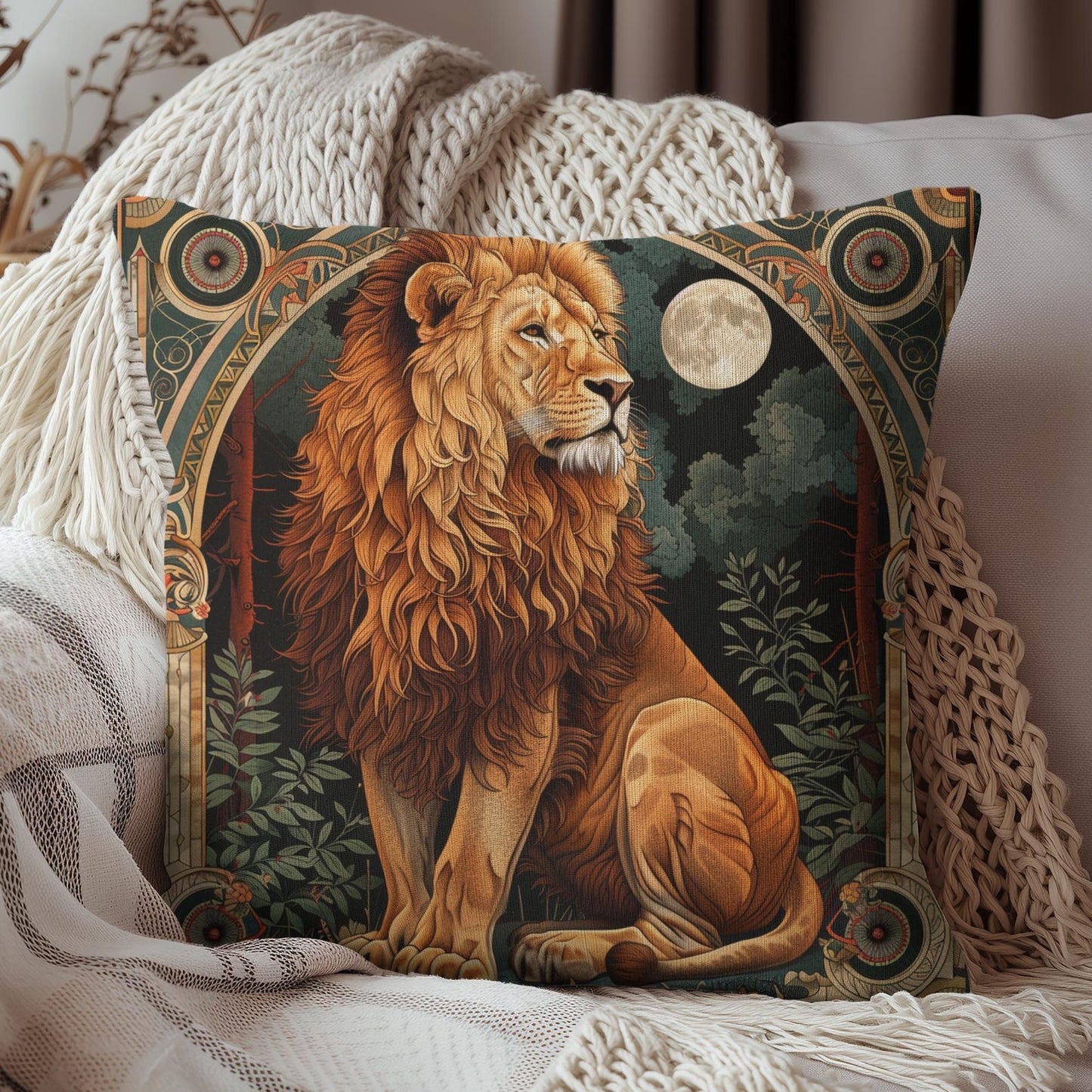 Art Deco Botanical Lion Throw Pillow | Decorative Pillow William Morris Inspired