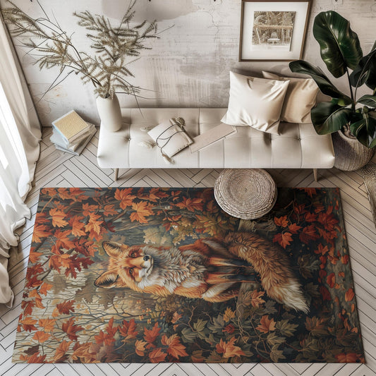 Fall Autumn Woodland Fox William Morris Inspired Rectangle Area Rug, Stylish Fox Living Room Carpet Decor, Home Accent Rug for Fox Lovers