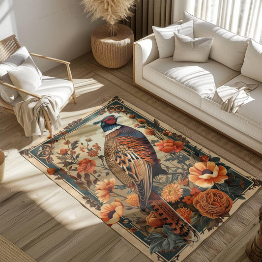 Art Deco Pheasant Fall Florals Area Rug, Pheasant Living Room Fall Season Carpet Decor, Floral Home Office Rug, Dorm Room Floor Mat, Autumn