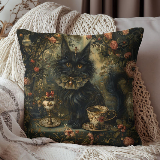 Mystical Cat Pillow, Halloween Home Decor, Black Cat Throw Pillow, Witchy Victorian Pillow, Gothic Decorative Pillow