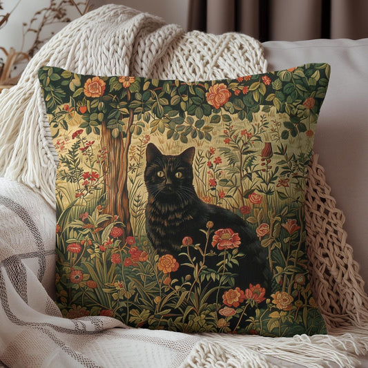 Vintage Black Cat Floral Garden Polyester Square Pillow, Art Deco Style Home Decor Pillow