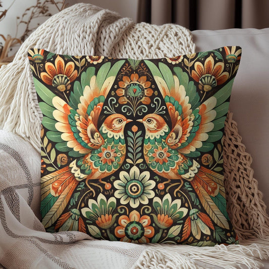 Folk Art of Two Birds and Flowers Pattern Decorative Pillow
