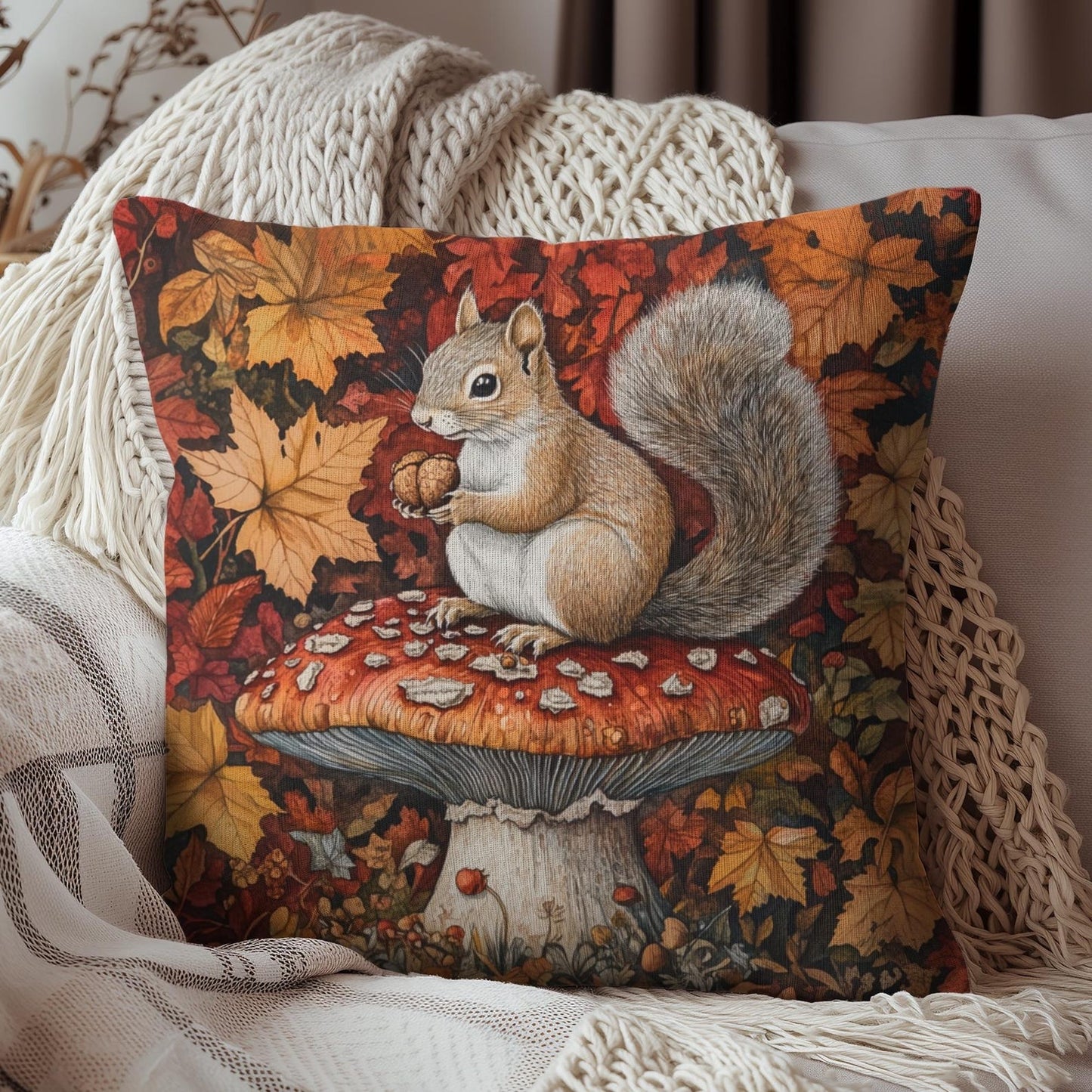 Squirrel In A Leafy Paradise Fall Season, William Morris Inspired Fall Decorative Pillow
