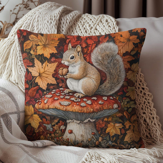 Squirrel In A Leafy Paradise Fall Season, William Morris Inspired Fall Decorative Pillow