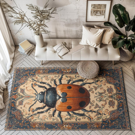 Ladybug Beetle Rectangle Area Rug, Vintage Persian Living Room Floor Carpet, Insect Lover Room Decor, Housewarming Gift