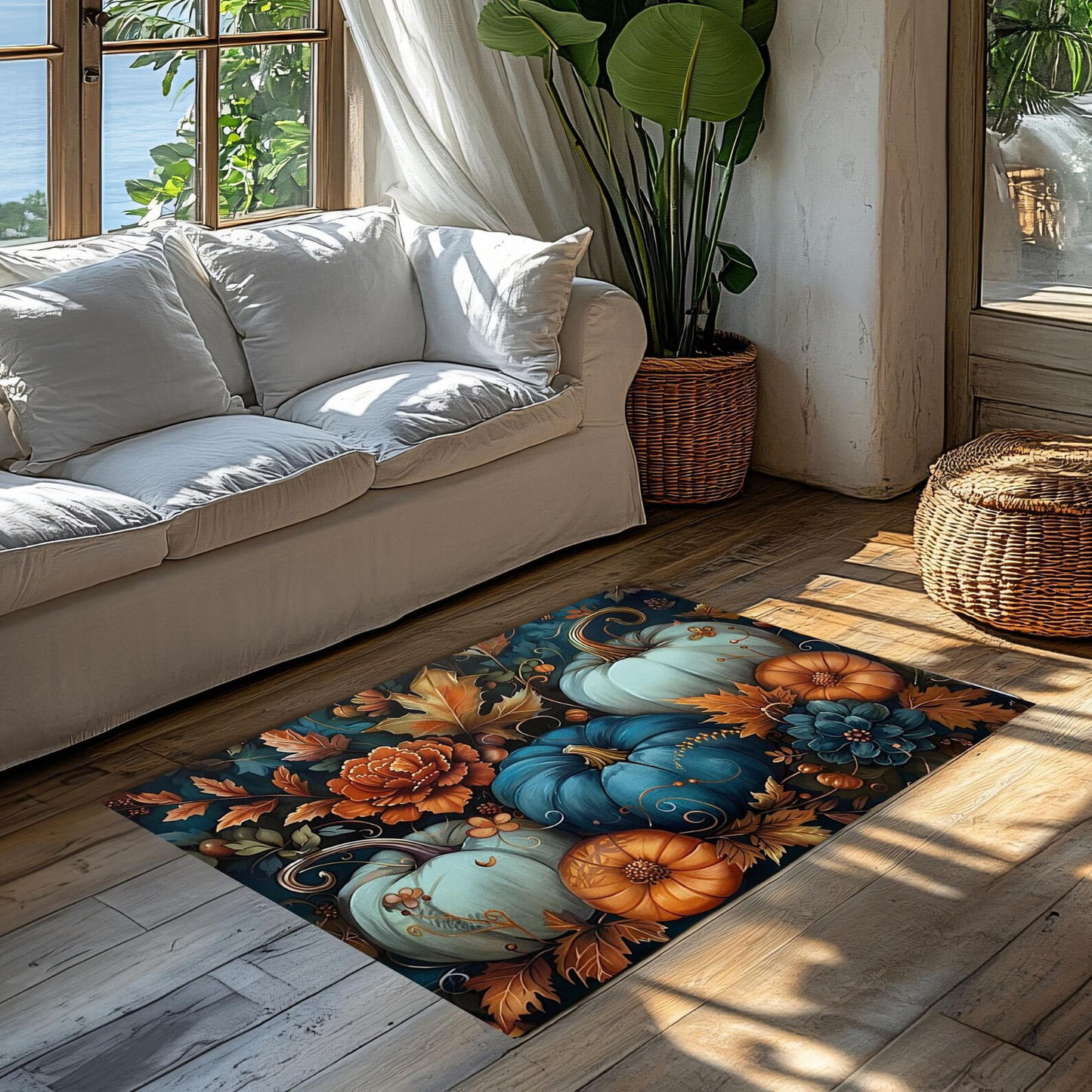 Outdoor Rug - Art Nouveau Pumpkin And Flowers Design 4 Sizes