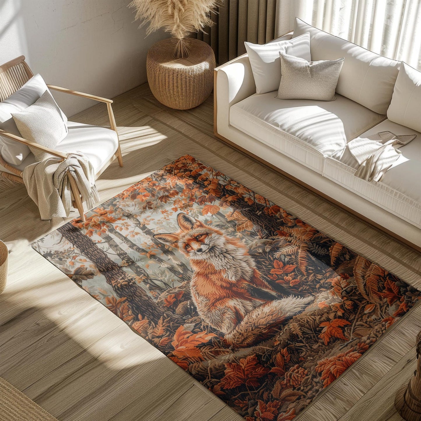 Fox Fall Autumn William Morris Inspired Area Rug, Cottagecore Living Room Carpet, Housewarming Gift, Fall Room Decor, Rectangle Rug