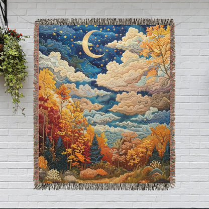 Autumn Sky Cloud Fall Scene Woven Blanket, Fall Cozy Home Decor, William Morris Inspired Cotton Blanket