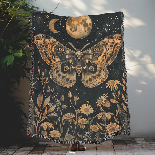 William Morris Inspired Night Moth Art Nouveau Woven Blankets, Cozy Home Decor Cotton Blanket