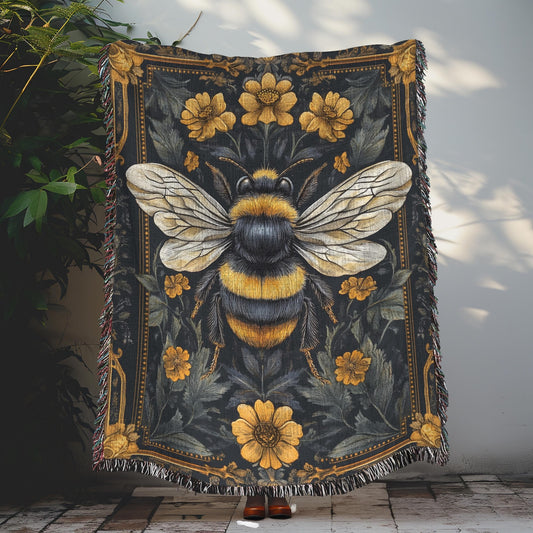 Bumblebee Flowers Woven Blankets, Cozy Home Decor, William Morris Inspired Cotton Blankets