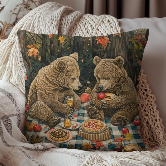 Whimsical Woodland Picnic Bears Fall Leaves Decorative Pillow, Cottagecore Home Decor