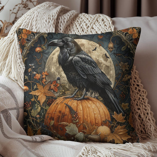 Art Deco Raven Witch Pumpkin Mystical Garden Decorative Pillow, Halloween Home Decor, Spooky Throw Cushion, Gothic Room Accent, Unique Black