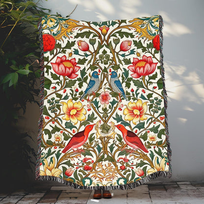 William Morris Inspired Ornate Bird Flowers Art Deco Woven Blankets, Cozy Home Decor Jacquard Cotton Woven Blanket