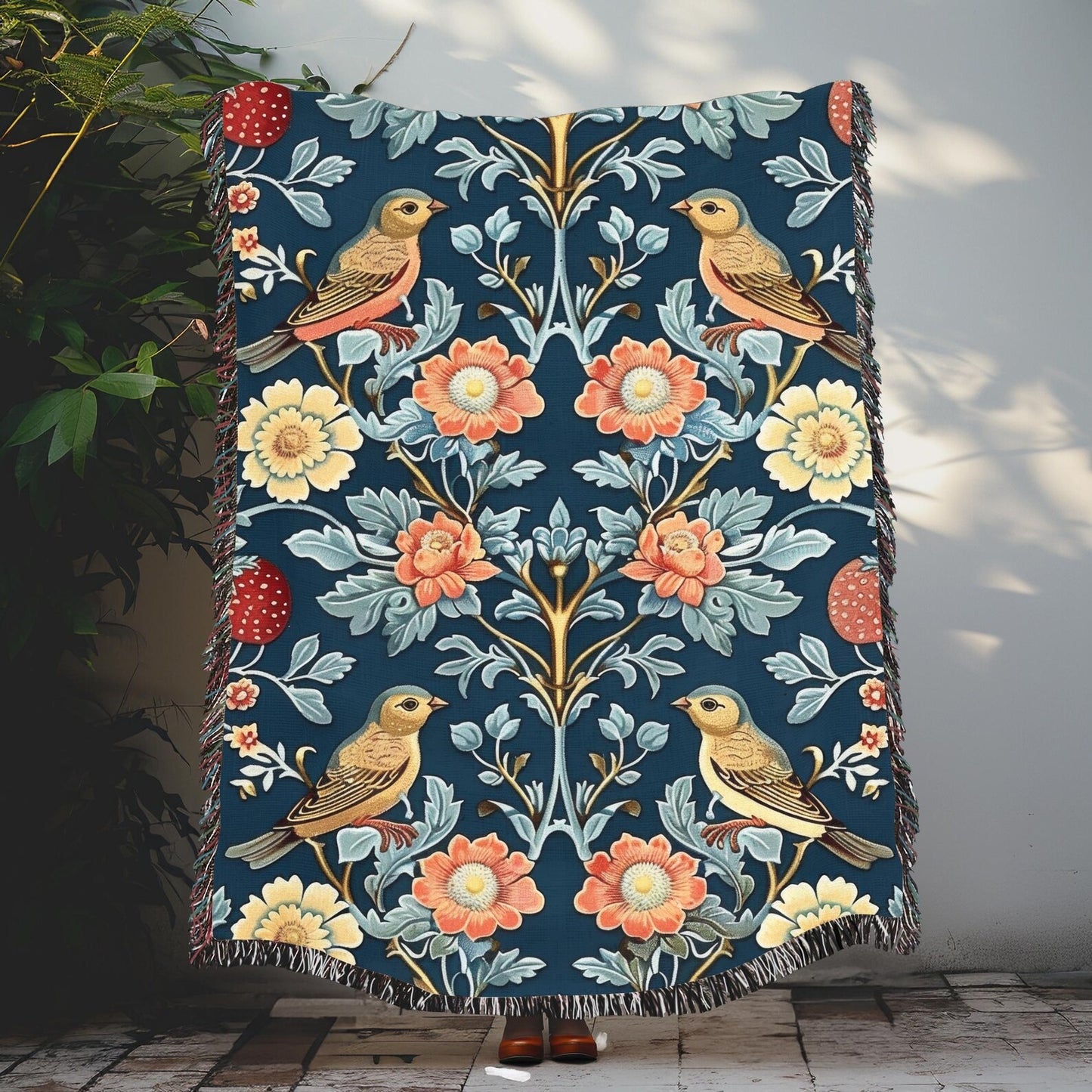 William Morris Inspired Bird Florals Pattern Art Nouveau Woven Blankets, Cozy Home Decor Jacquard Cotton Woven Blanket