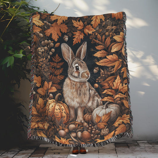 Cotton Woven Blanket, Bunny Fall Forest Cozy Home Decor, William Morris Inspired Throw, Autumn Lap Blanket, Soft Sofa Cover