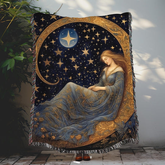 Vintage Lady On The Moon With Stars William Morris Inspired Woven Blankets, Cozy Home Decor Jacquard Cotton Woven Blanket