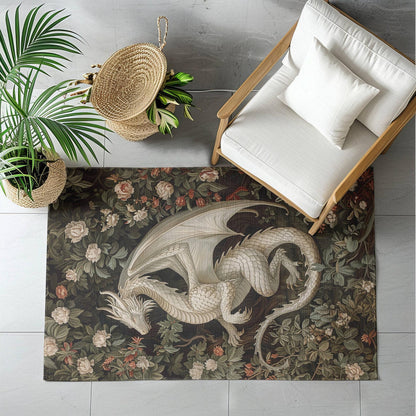 William Morris Inspired Magical White Dragon Rectangle Area Rug, Stylish Dragon Living Room Carpet Decor, Home Accent Rug Dragon-Inspired