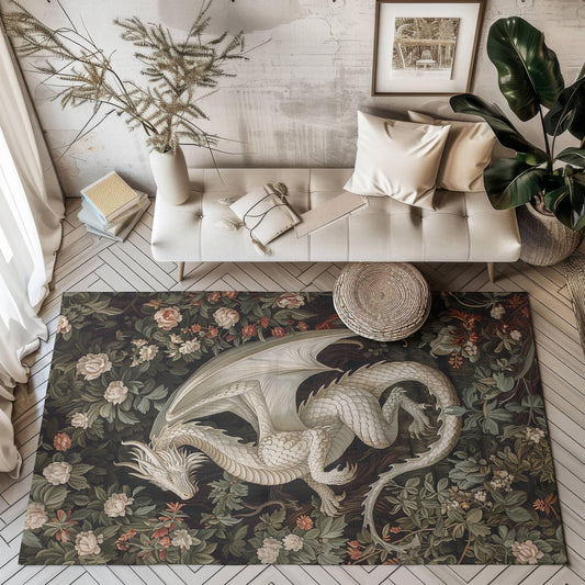 William Morris Inspired Magical White Dragon Rectangle Area Rug, Stylish Dragon Living Room Carpet Decor, Home Accent Rug Dragon-Inspired