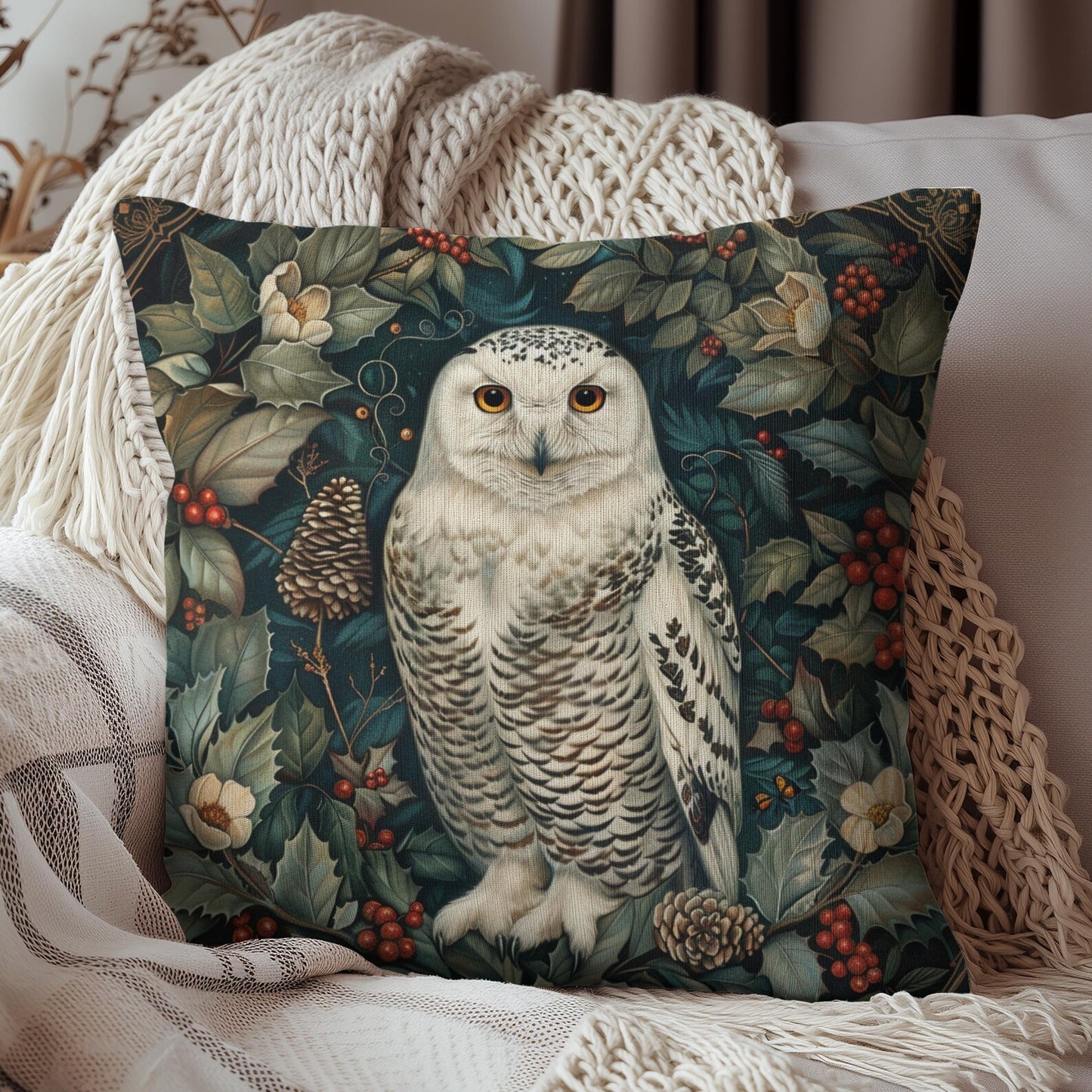 William Morris Inspired Snow Owl Winter Botanicals Home Decor Pillow