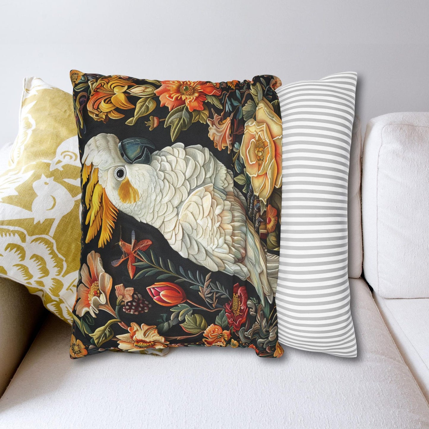 Art Deco Yellow-crested Cockatoo Fall Flowers Square Pillow, Home Decor Accent Cushion, Throw Pillow for Living Room Sofa, Decorative Pillow