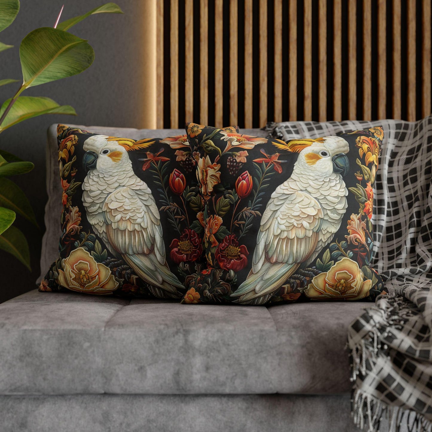 Art Deco Yellow-crested Cockatoo Fall Flowers Square Pillow, Home Decor Accent Cushion, Throw Pillow for Living Room Sofa, Decorative Pillow