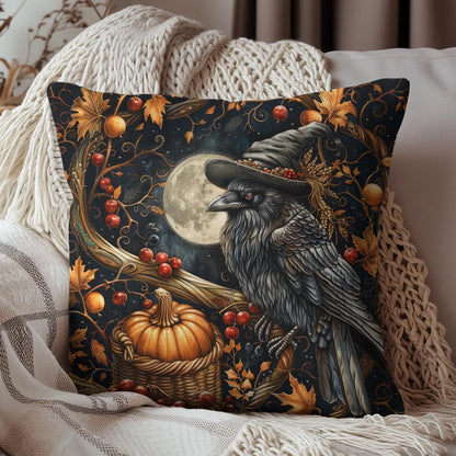 Mystical Pillow, Halloween Decor, Witch Raven Pumpkin Square Pillow, William Morris Inspired, Spun Polyester Cushion, Home Decor